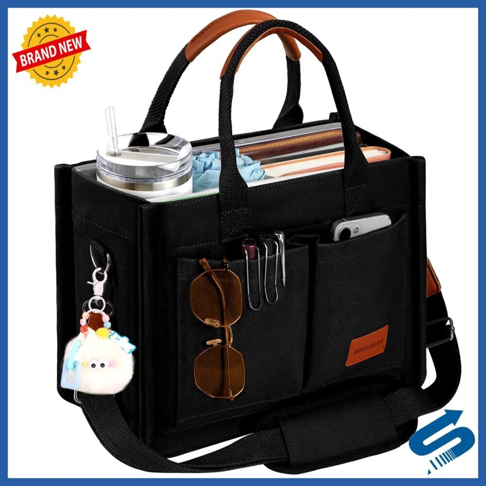 Canvas Tote Bag with Zipper, Multiple Pockets, Stands Upright